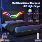 Cadre de lit double AMERLIFE avec lumières LED et tiroirs de rangement, tête de lit rembourrée en cuir réglable, aucun sommier tapissier requis, noir