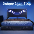 Cadre de lit double AMERLIFE avec lumières LED et tiroirs de rangement, tête de lit rembourrée en cuir réglable, aucun sommier tapissier requis, noir