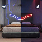Cadre de lit double AMERLIFE avec lumières LED et tiroirs de rangement, tête de lit rembourrée en cuir réglable, aucun sommier tapissier requis, noir