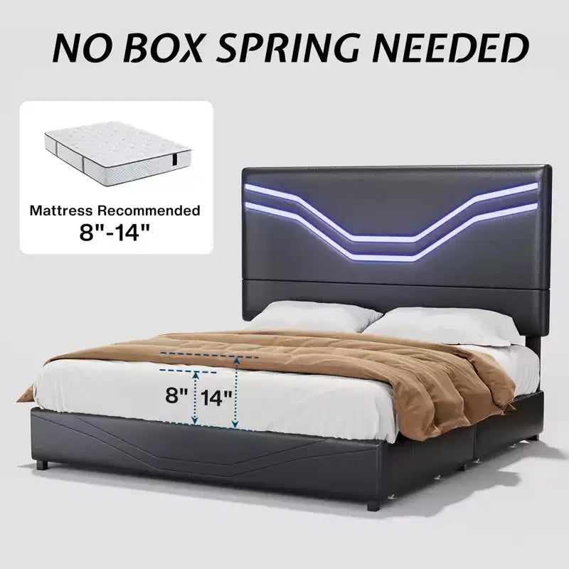 Cadre de lit double AMERLIFE avec lumières LED et tiroirs de rangement, tête de lit rembourrée en cuir réglable, aucun sommier tapissier requis, noir