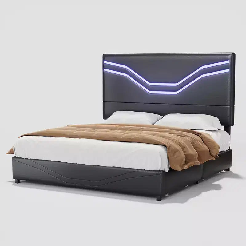 Cadre de lit double AMERLIFE avec lumières LED et tiroirs de rangement, tête de lit rembourrée en cuir réglable, aucun sommier tapissier requis, noir