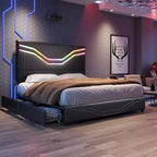 Cadre de lit double AMERLIFE avec lumières LED et tiroirs de rangement, tête de lit rembourrée en cuir réglable, aucun sommier tapissier requis, noir