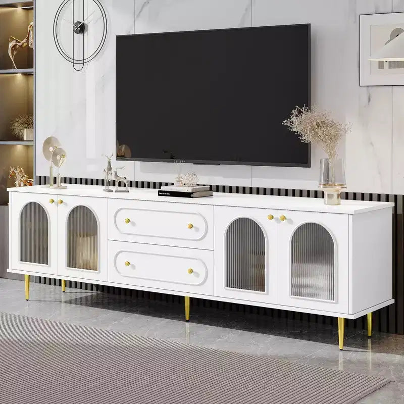 CLIHOME Meuble TV moderne de 78,7", meuble TV 2 tiroirs et 2 placards avec portes en verre cannelé