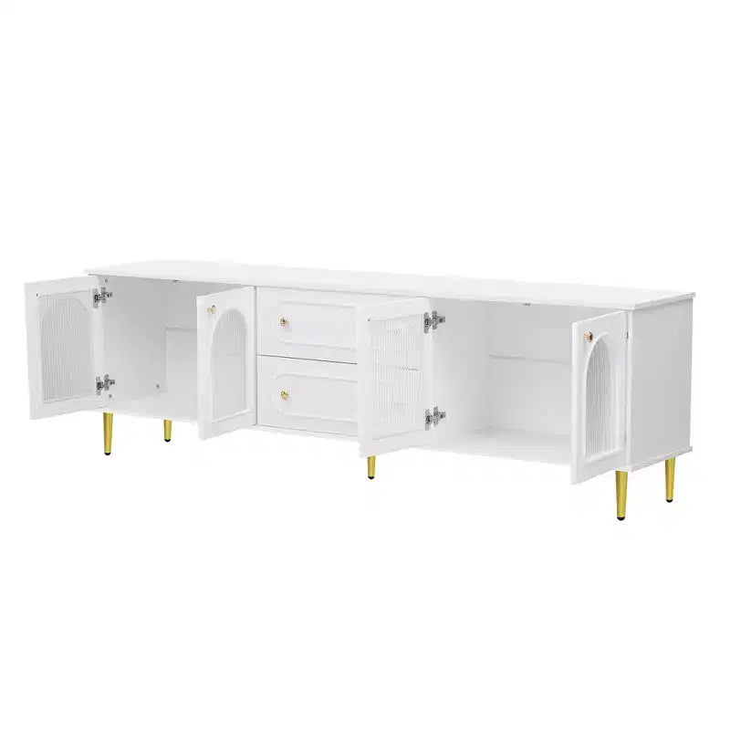 CLIHOME Meuble TV moderne de 78,7", meuble TV 2 tiroirs et 2 placards avec portes en verre cannelé