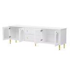 CLIHOME Meuble TV moderne de 78,7", meuble TV 2 tiroirs et 2 placards avec portes en verre cannelé