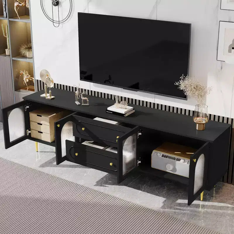 CLIHOME Meuble TV moderne de 78,7", meuble TV 2 tiroirs et 2 placards avec portes en verre cannelé