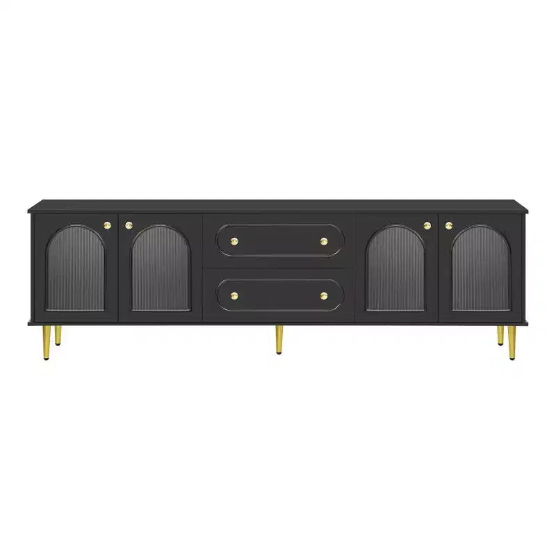 CLIHOME Meuble TV moderne de 78,7", meuble TV 2 tiroirs et 2 placards avec portes en verre cannelé
