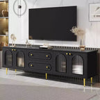 CLIHOME Meuble TV moderne de 78,7", meuble TV 2 tiroirs et 2 placards avec portes en verre cannelé