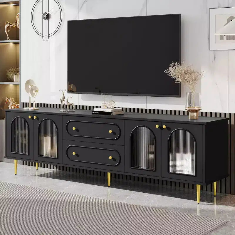 CLIHOME Meuble TV moderne de 78,7", meuble TV 2 tiroirs et 2 placards avec portes en verre cannelé