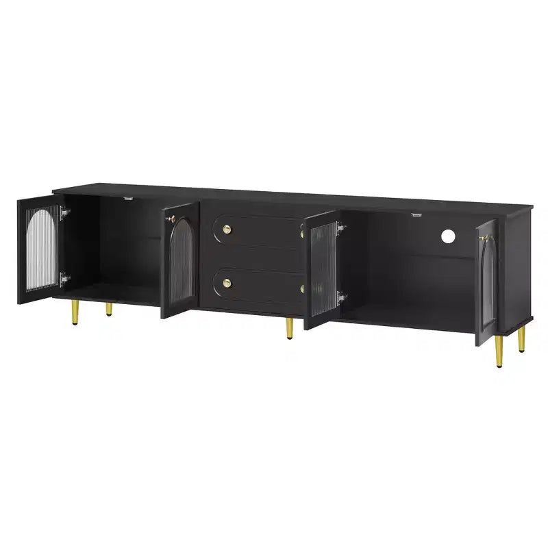 CLIHOME Meuble TV moderne de 78,7", meuble TV 2 tiroirs et 2 placards avec portes en verre cannelé