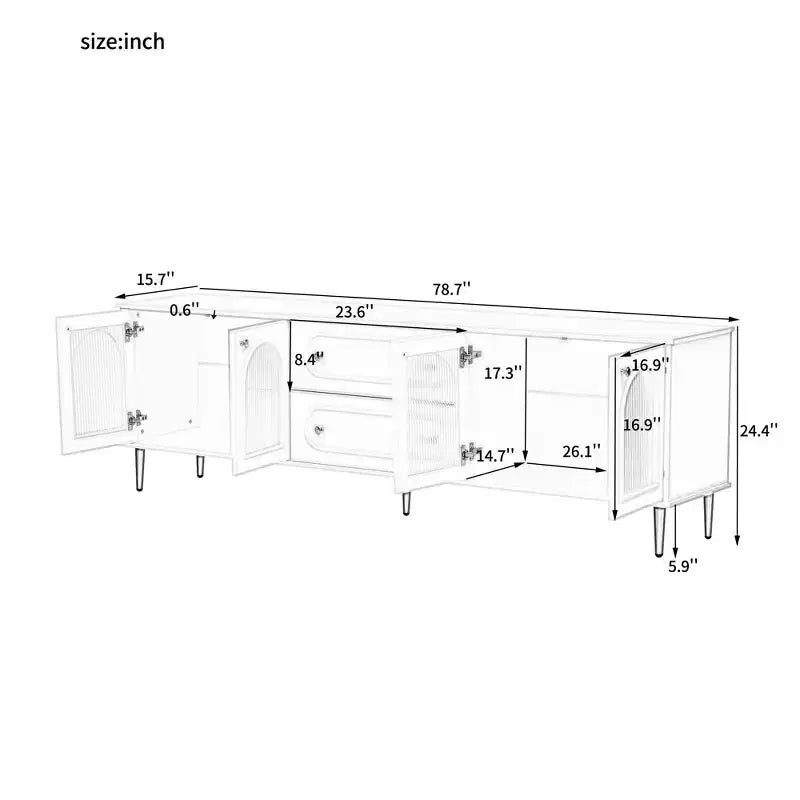 CLIHOME Meuble TV moderne de 78,7", meuble TV 2 tiroirs et 2 placards avec portes en verre cannelé