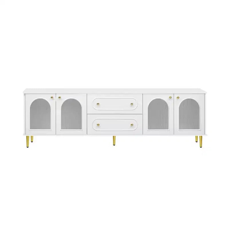 CLIHOME Meuble TV moderne de 78,7", meuble TV 2 tiroirs et 2 placards avec portes en verre cannelé