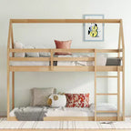 MAYEERTY Twin Rubber Wood Floor BUnk Bed with Ladder, Guardrails, House Shaped Bunk Bed Beige