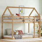 Lit superposé MAYEERTY en bois d'hévéa double avec échelle, barrières de sécurité, lit superposé en forme de maison, beige