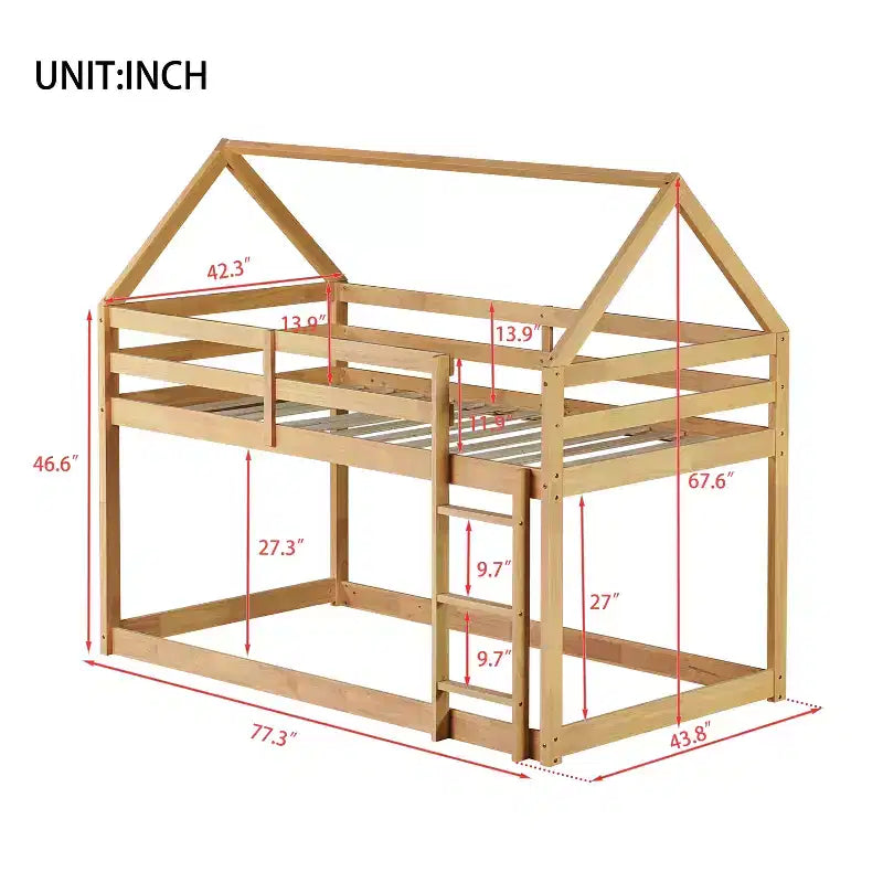 Lit superposé MAYEERTY en bois d'hévéa double avec échelle, barrières de sécurité, lit superposé en forme de maison, beige