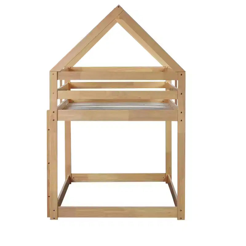 Lit superposé MAYEERTY en bois d'hévéa double avec échelle, barrières de sécurité, lit superposé en forme de maison, beige