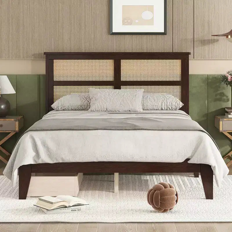 MAYEERTY Full Size Bed with Rattan Headboard, Two Storage Drawers, Rubber Wood Bed Brown