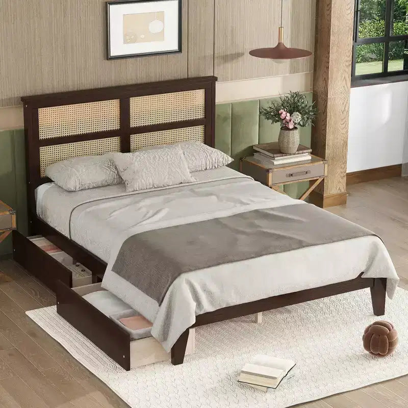 Lit double MAYEERTY avec tête de lit en rotin, deux tiroirs de rangement, lit en bois d'hévéa marron