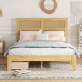 MAYEERTY Full Size Bed with Rattan Headboard, Two Storage Drawers, Rubber Wood Bed Beige
