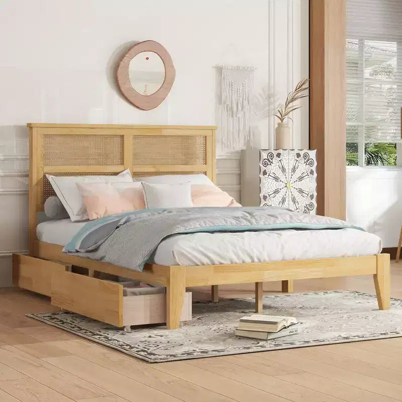 MAYEERTY Lit double avec tête de lit en rotin, deux tiroirs de rangement, lit en bois d'hévéa beige