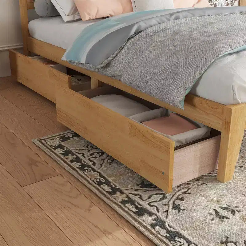 MAYEERTY Lit double avec tête de lit en rotin, deux tiroirs de rangement, lit en bois d'hévéa beige