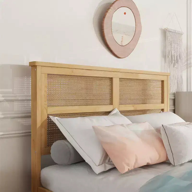 MAYEERTY Lit double avec tête de lit en rotin, deux tiroirs de rangement, lit en bois d'hévéa beige