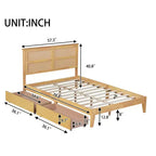 MAYEERTY Lit double avec tête de lit en rotin, deux tiroirs de rangement, lit en bois d'hévéa beige