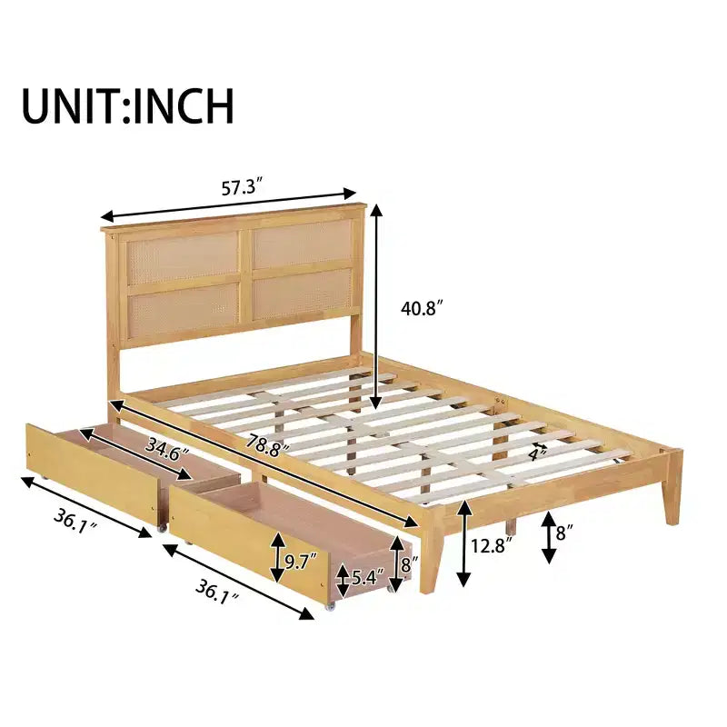 MAYEERTY Lit double avec tête de lit en rotin, deux tiroirs de rangement, lit en bois d'hévéa beige