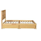 MAYEERTY Lit double avec tête de lit en rotin, deux tiroirs de rangement, lit en bois d'hévéa beige