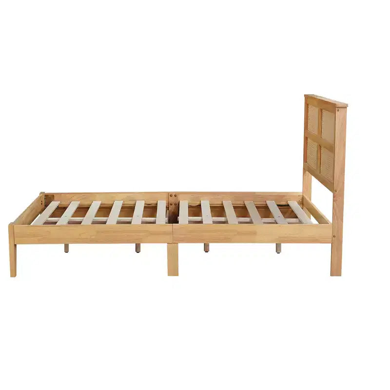 MAYEERTY Lit double avec tête de lit en rotin, deux tiroirs de rangement, lit en bois d'hévéa beige
