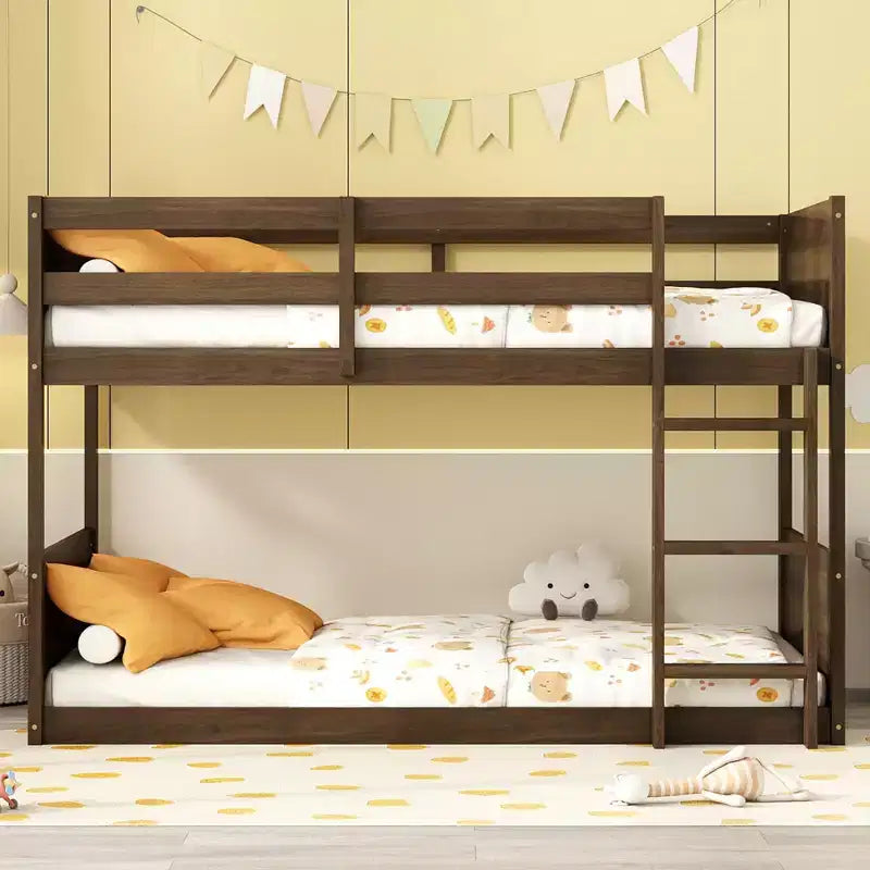 MAYEERTY Twin Floor Bunk Bed with Panelled Headboard and Footboard,Safety Guardrails, Bulit-in Ladder