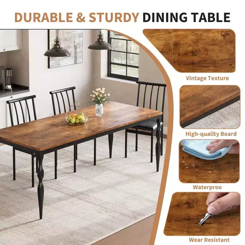 Table à manger pour 4-6 personnes, table de cuisine industrielle avec plateau en bois et pieds métalliques incurvés, meuble de salle à manger rectangulaire (180x90x76cm)