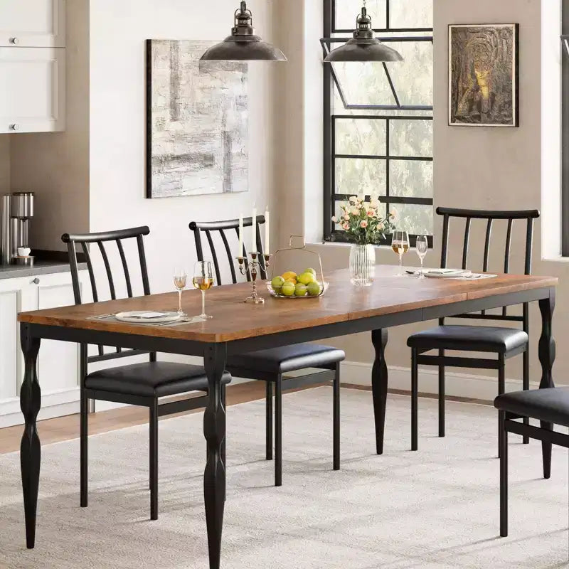 Table à manger pour 4-6 personnes, table de cuisine industrielle avec plateau en bois et pieds métalliques incurvés, meuble de salle à manger rectangulaire (180x90x76cm)