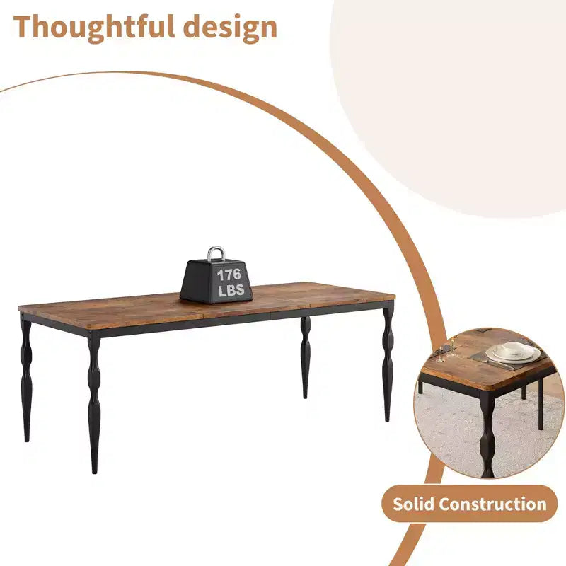 Table à manger pour 4-6 personnes, table de cuisine industrielle avec plateau en bois et pieds métalliques incurvés, meuble de salle à manger rectangulaire (180x90x76cm)