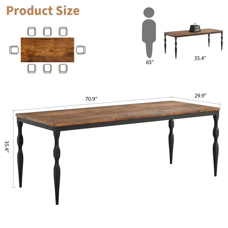 Table à manger pour 4-6 personnes, table de cuisine industrielle avec plateau en bois et pieds métalliques incurvés, meuble de salle à manger rectangulaire (180x90x76cm)