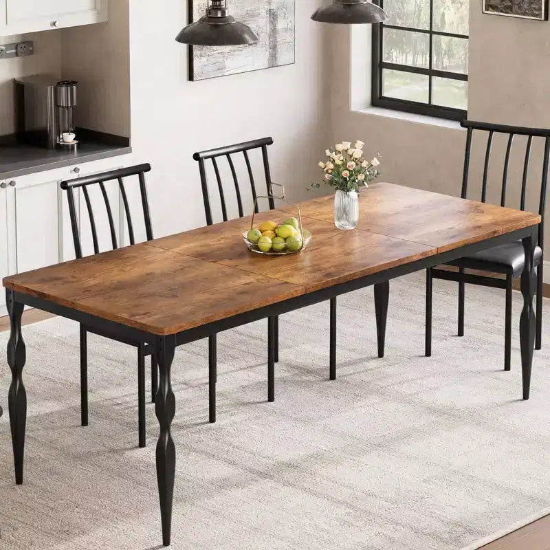 Table à manger pour 4-6 personnes, table de cuisine industrielle avec plateau en bois et pieds métalliques incurvés, meuble de salle à manger rectangulaire (180x90x76cm)