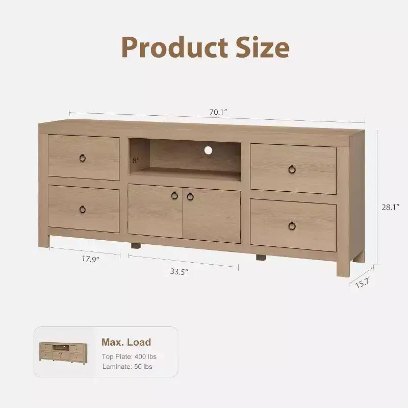 Meuble TV de ferme pour téléviseurs 75/80 pouces, long meuble de divertissement avec 6 tiroirs de rangement et étagère pour barre de son, consoles TV pour la maison