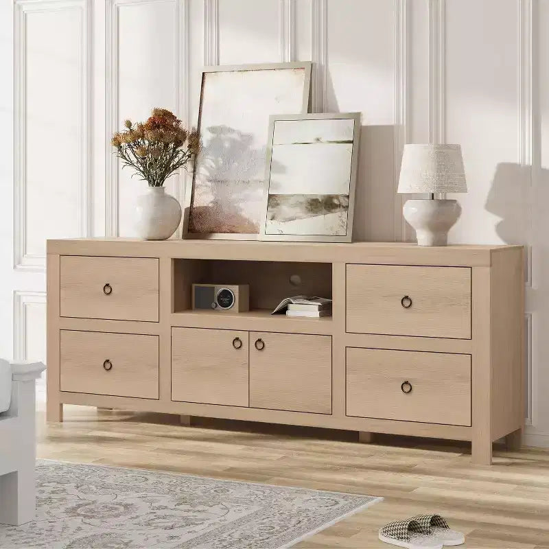 Meuble TV de ferme pour téléviseurs 75/80 pouces, long meuble de divertissement avec 6 tiroirs de rangement et étagère pour barre de son, consoles TV pour la maison