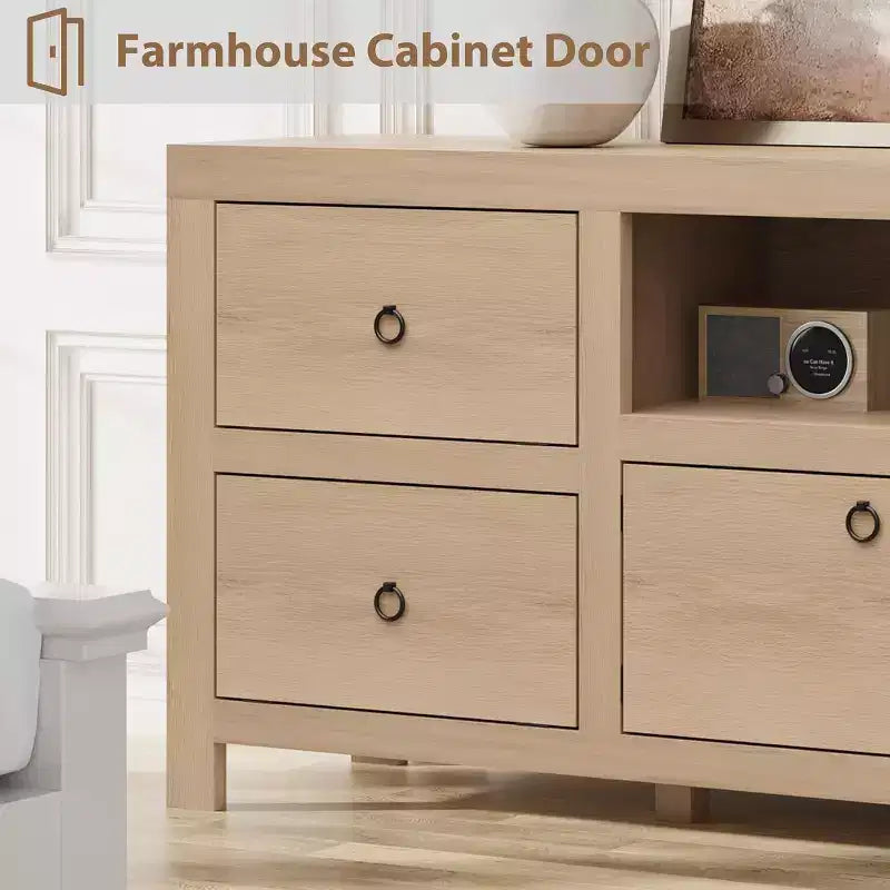 Meuble TV de ferme pour téléviseurs 75/80 pouces, long meuble de divertissement avec 6 tiroirs de rangement et étagère pour barre de son, consoles TV pour la maison