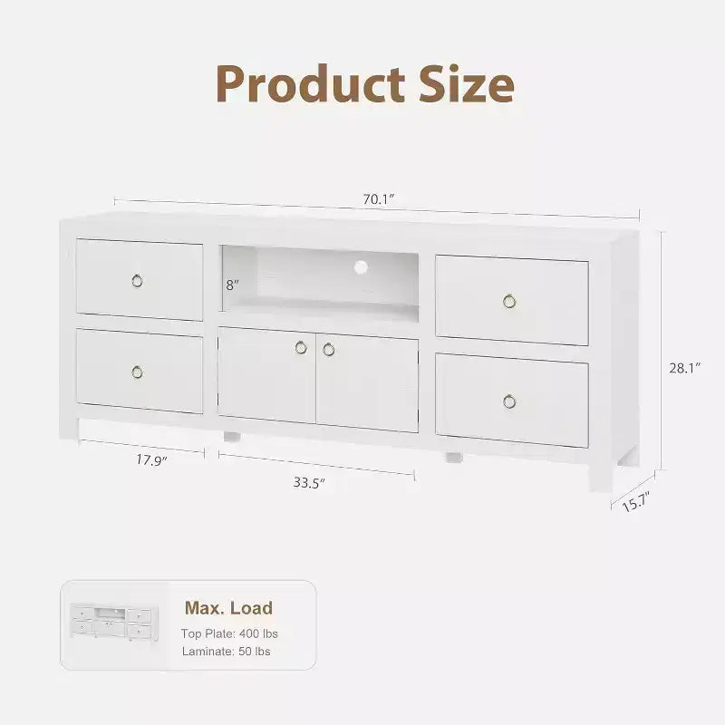 Meuble TV de ferme pour téléviseurs 75/80 pouces, long meuble de divertissement avec 6 tiroirs de rangement et étagère pour barre de son, consoles TV pour la maison