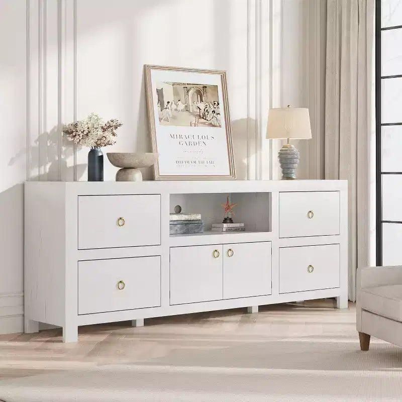 Meuble TV de ferme pour téléviseurs 75/80 pouces, long meuble de divertissement avec 6 tiroirs de rangement et étagère pour barre de son, consoles TV pour la maison