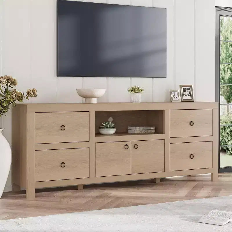 Meuble TV de ferme pour téléviseurs 75/80 pouces, long meuble de divertissement avec 6 tiroirs de rangement et étagère pour barre de son, consoles TV pour la maison