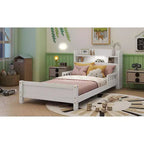 MAYEERTY Twin Pine Wood Bed with Bookcase Headboard, Safety Guardrails White