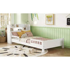 Lit jumeau MAYEERTY en pin avec tête de lit bibliothèque, barrières de sécurité Blanches