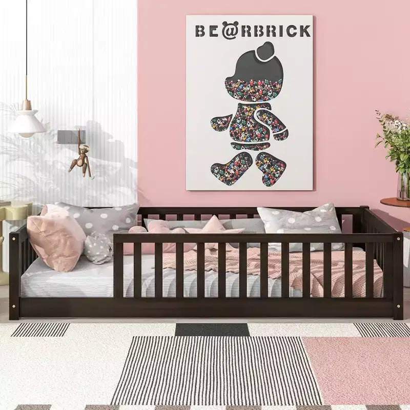 MAYEERTY Twin Floor Bed with Fence without Door, Rubber Wood Floor Guardrails Brown