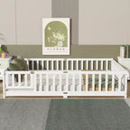 MAYEERTY Queen Floor Bed with Fence,Door, Rubber Wood Floor Bed Guardrails White