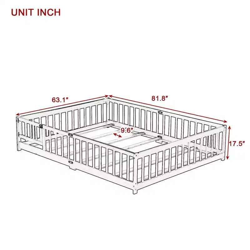 Lit au sol Queen MAYEERTY avec clôture, porte et barrières en bois d'hévéa, blanc
