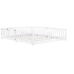 Lit au sol Queen MAYEERTY avec clôture, porte et barrières en bois d'hévéa, blanc