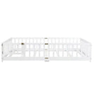 Lit au sol Queen MAYEERTY avec clôture, porte et barrières en bois d'hévéa, blanc