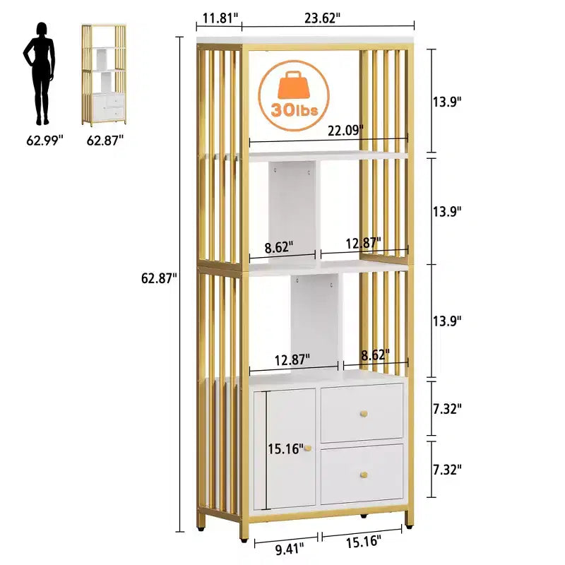 GustoWave, Bibliothèque 62" avec Porte et Cadre Métallique, Meuble de Rangement au Sol avec Vitrine